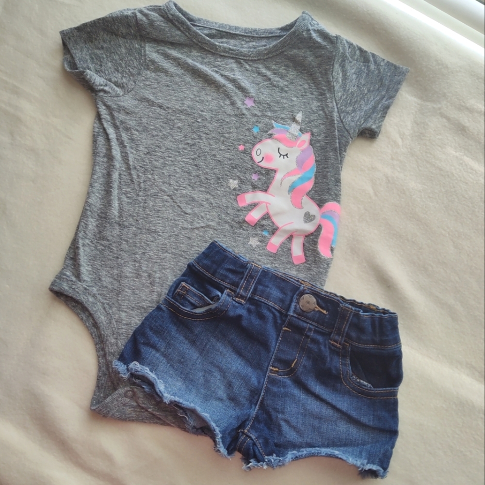 Unicorn Onesie and Blue Jean Shorts Size 18 Months